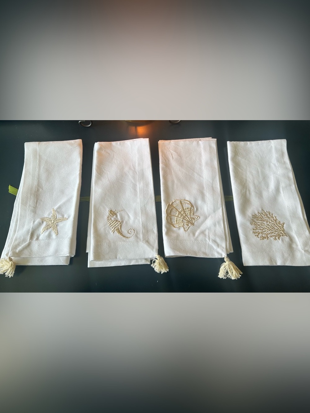 Set of 4 Embroidered Gold Coastal Beach Napkins With Tassels